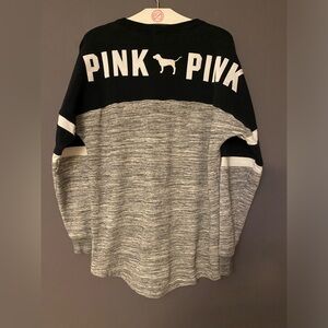 VS PINK LACE UP COLORBLOCK VARSITY CREW SWEATSHIRT MARL GRAY PATCH PUP DOG LOGO